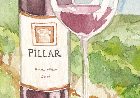 Pillar wine bottle and glass